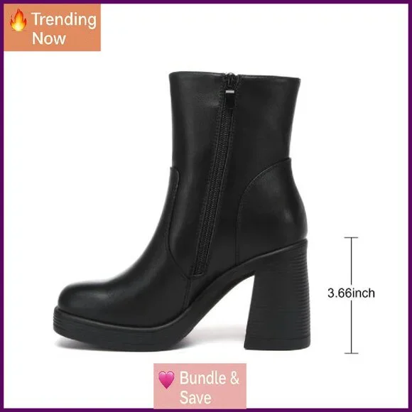 Platform Ankle Boots with Zipper, Square Toe, Chunky Block Heel